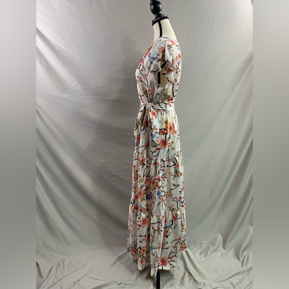 Boho Floral Print Butterfly Sleeve Ruffle Hem Belted Dress - Picture 7 of 8